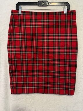 J Crew Tartan Plaid Red Pencil Skirt Size 10 Preppy Work Cotton Midi Knee Length